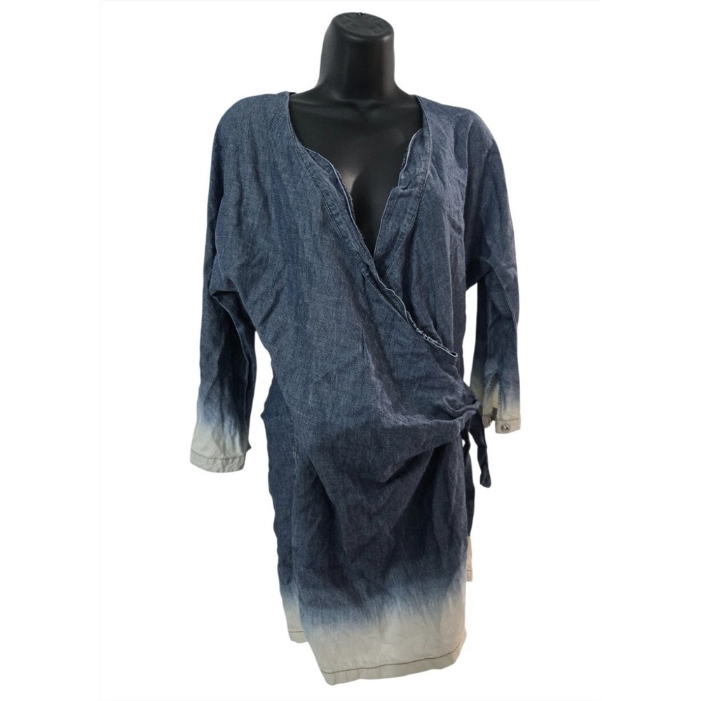 7 For All Mankind Denim Wrap Dress XS Blue Ombre Dip Dye Chambray Mini V-Neck